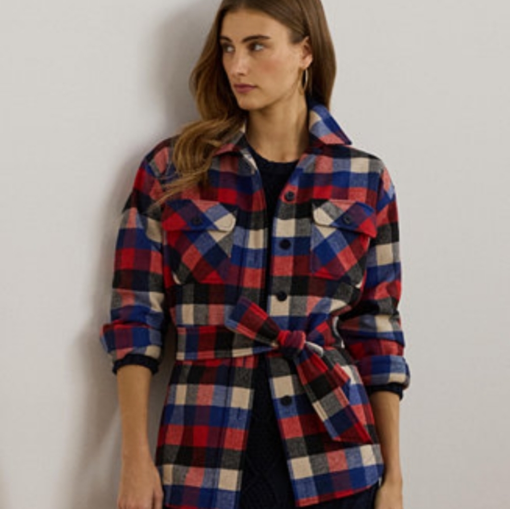 NWT Lauren RL Wool Blend Buffalo Check Plaid Red Blue Black Belted Jacket